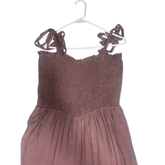 Mod Goddess One Piece Jumpsuit Brown Smocked Lg Widespread Tiered - Picture 2 of 8